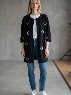Adore Black Open-Front Faux Suede Coat with Multicolor Grommet Details-Large